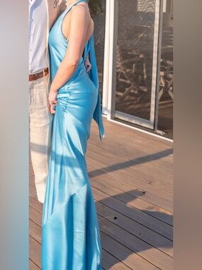 Retrofete Turquoise Satin Mermaid Backless Gown